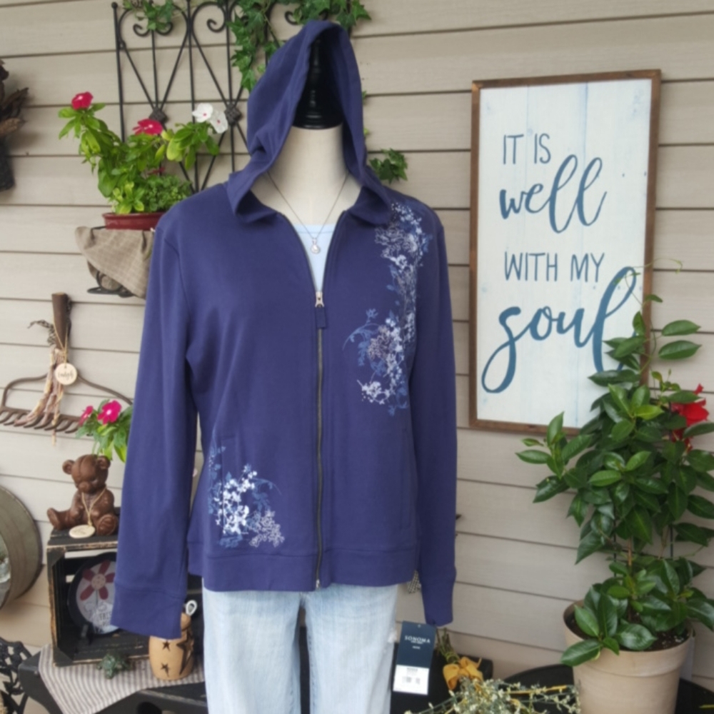 SONOMA ♡ Navy|White|Gray Embroidered | Embellished Floral L|S Hoodie Jacket PL